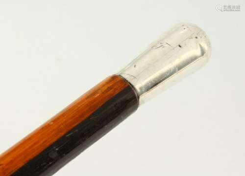 A WALKING CANE with silver handle. Engraved W. F.  3ft
