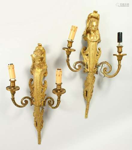 A GOOD PAIR OF LOUIS XVI DESIGN ORMOLU TWO BRANCH WALL