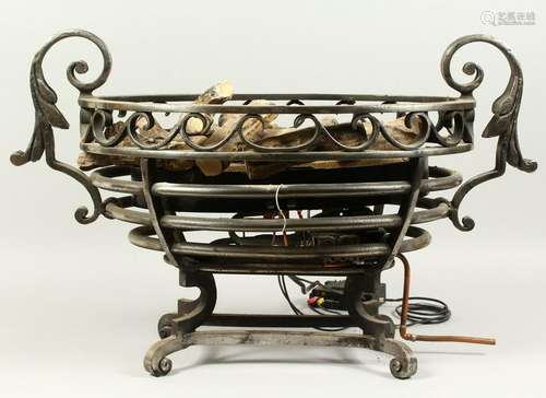 A REGENCY STYLE WROUGHT IRON OVAL FIRE BASKET, fitted