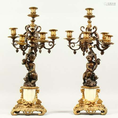 A PAIR OF 20TH CENTURY BRONZE, ORMOLU AND MARBLE FIVE