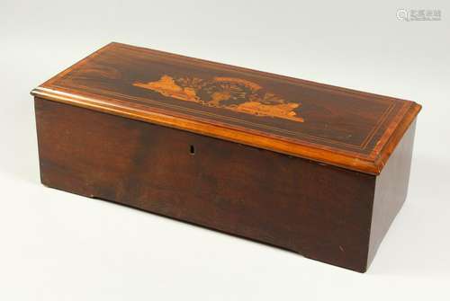 A 19TH CENTURY ROSEWOOD AND INLAID MUSICAL BOX (lacking