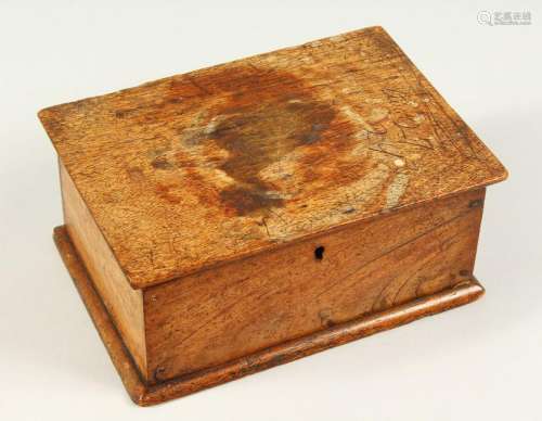 AN OLD MAHOGANY BOX CONTAINING A COLLECTION OF SHELLS.