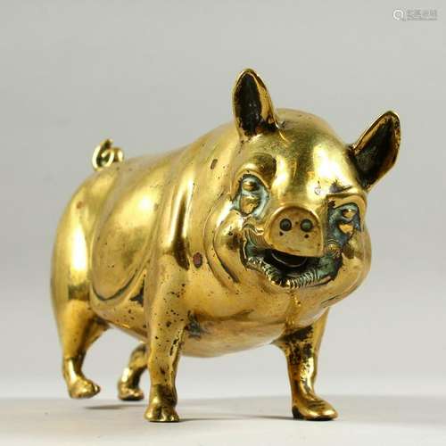 A HEAVY BRASS PIG.  9ins long.