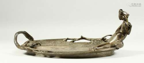 AN ART NOUVEAU BRONZE DISH, with a crocodile and a nude