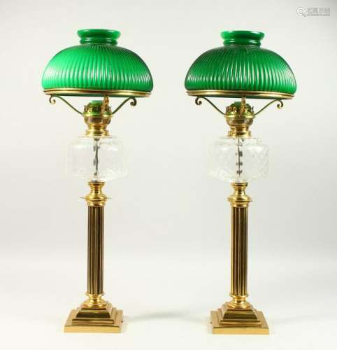 A PAIR OF VICTORIAN STYLE BRASS AND GLASS CORINTHIAN