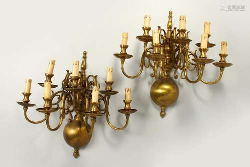 A PAIR OF DUTCH STYLE BRASS SEVEN BRANCH WALL