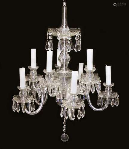 A GOOD CUT GLASS TEN BRANCH TWO-TIER CHANDELIER, with