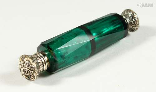 A VICTORIAN CUT GREEN GLASS DOUBLE ENDED SCENT BOTTLE