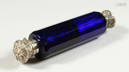 A VICTORIAN BRISTOL BLUE GLASS FACET CUT DOUBLE ENDED