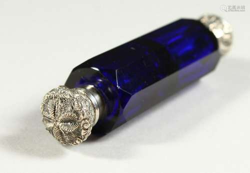 A VICTORIAN BRISTOL BLUE GLASS FACET CUT DOUBLE ENDED