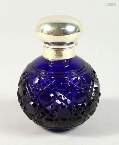 A BRISTOL BLUE CUT GLOBULAR SCENT BOTTLE AND STOPPER