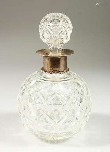 A LARGE CUT GLASS GLOBULAR SCENT BOTTLE AND STOPPER