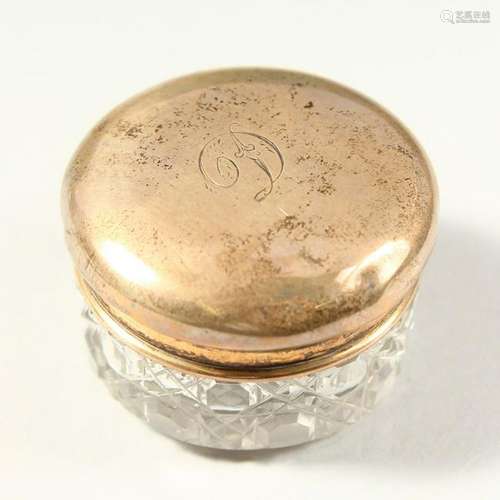 A GEORGE V CUT GLASS PIN BOX with silver top initialled