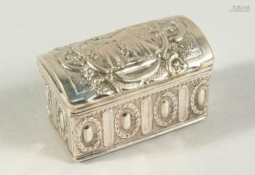 A CONTINENTAL SILVER MINIATURE CHEST, the lid repousse