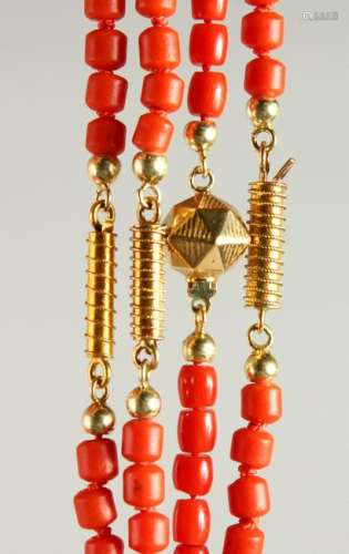 Four single-row coral necklaces.  One with a 14K gold