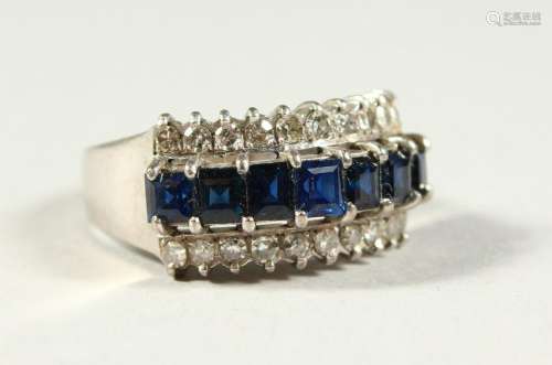 A GOOD 18CT WHITE GOLD, SAPPHIRE AND DIAMOND RING.