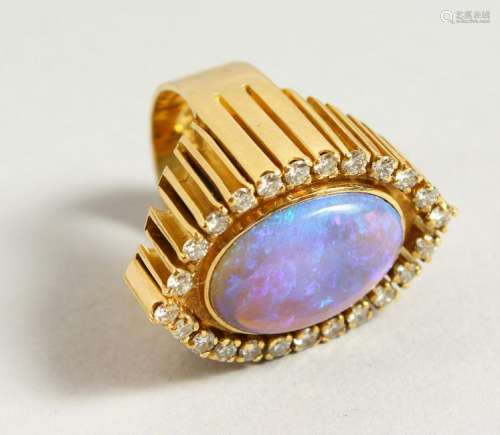 A VERY GOOD 18CT GOLD, OPAL AND DIAMOND RING.  Maker R.