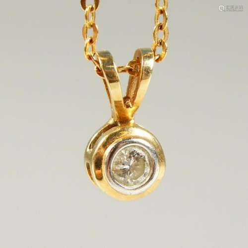 A 9CT GOLD AND DIAMOND PENDANT AND CHAIN.