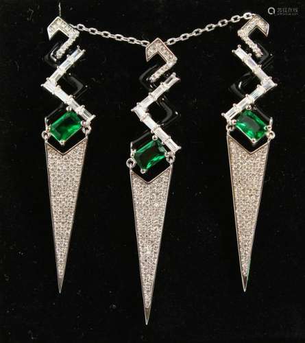 A PAIR OF SILVER SET, GREEN PASTE AND EMERALD DECO