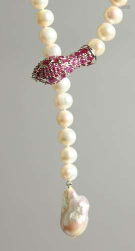 A SILVER RUBY SET SNAKE PEARL NECKLACE.