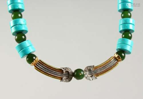 A VERY FINE JADE, TURQUOISE AND DIAMOND 18CT GOLD
