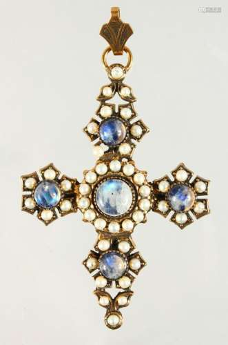 A CROSS PENDANT, with pearls and moonstones.