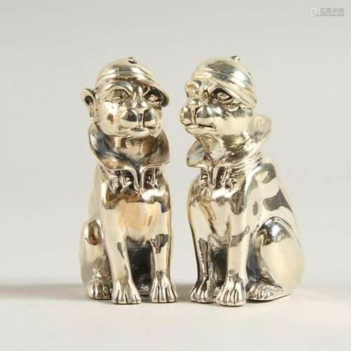 A PAIR OF SOLID SILVER DOG WITH HAT AND COLLAR SALT AND