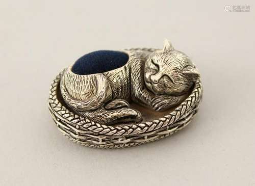 A SILVER PLATED OVAL PILL BOX, cat in a box.