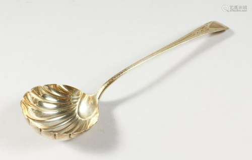A GEORGE III BRIGHT CUT LADLE, with shell bowl.  London