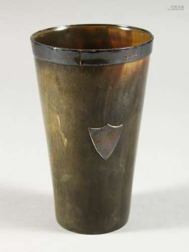 A VICTORIAN HORN BEAKER, with silver rim.  London 1882.