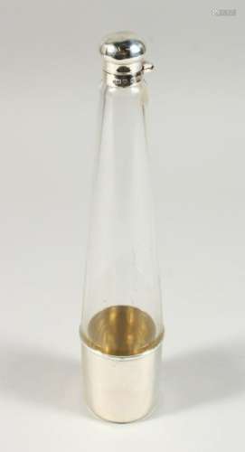 A SLENDER GLASS FLASK, with silver cup and lid.  9.5ins