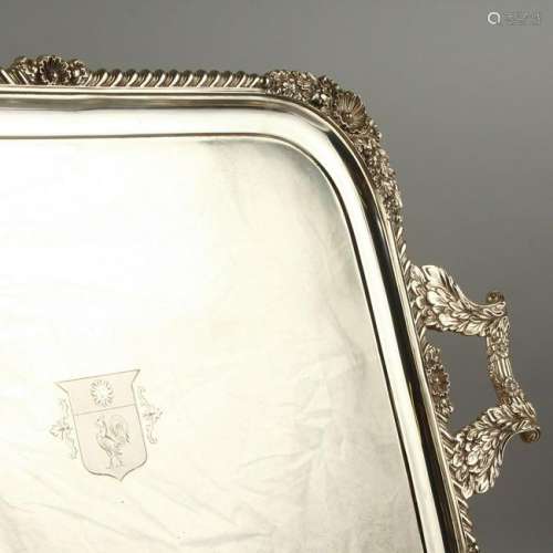 A GOOD LARGE TWIN-HANDLED TRAY, with a gadroon border,