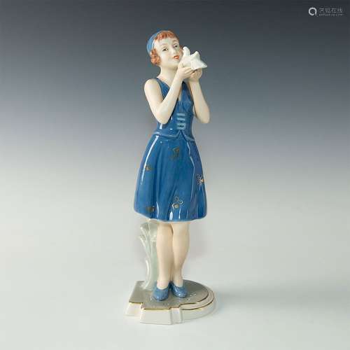 ROYAL DUX BOHEMIA ART DECO FIGURINE, WOMAN AND BIRD