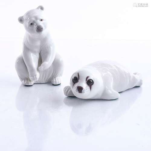 2 CERAMIC ANIMAL FIGURINES, POLAR BEAR AND BABY SEAL