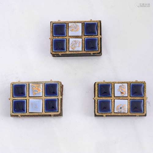 SET OF THREE COBALT BLUE, GILDED MATCH BOXES