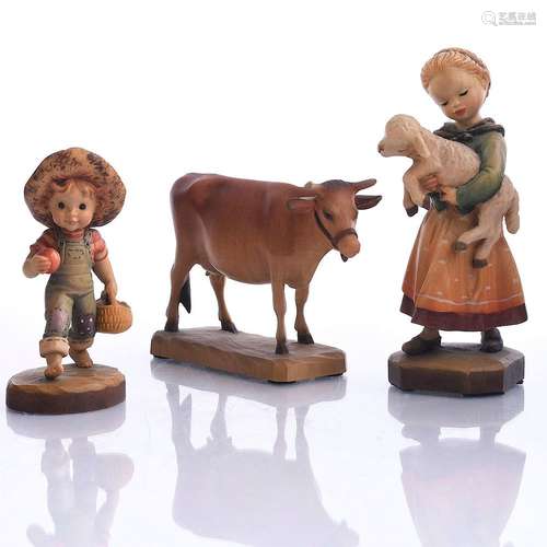 3 TYROLEAN ANRI CHILD AND ANIMAL WOOD FIGURES