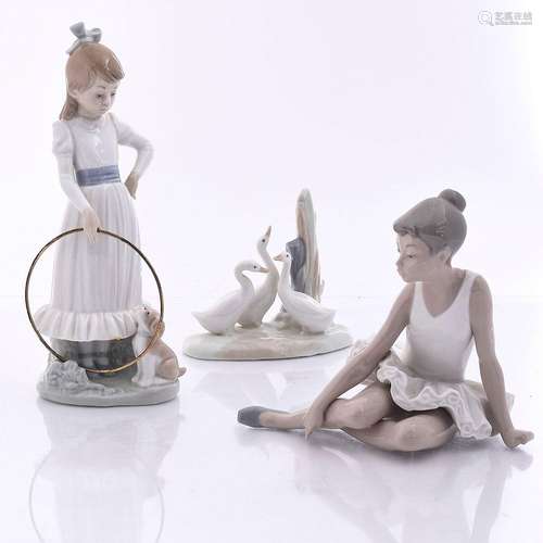 3 LLADRO FIGURES; GIRL WITH HOOP, BALLERINA, GEESE