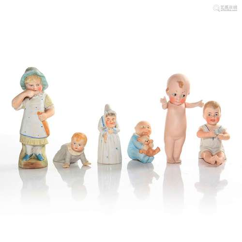 5 BISQUE FIGURINES OF CHILDREN AND CANDLE SNUFFER