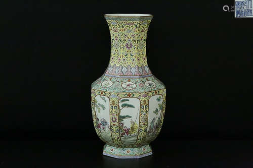 QIANLONG MARK FAMILLE ROSE YELLOW VASE 'KAIGUANG'