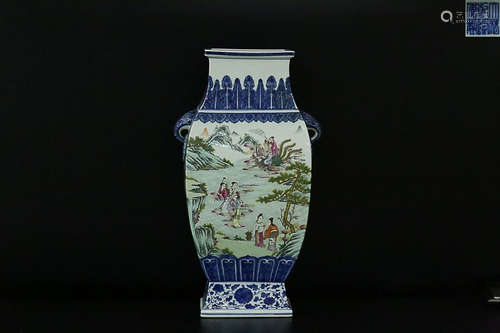 QIANLONG MARK BLUE WHITE FAMILLE ROSE SQUARE VASE