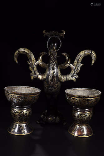 BRONZE WITH GOLD INLAID HIGH-FOOT CUPS IN PAIR