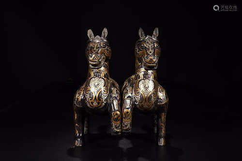 BRONZE WITH GOLD INLAID HORSE IN PAIR