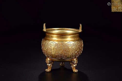 QIANLONG MARK GILT BRONZE TRIPOD CENSER