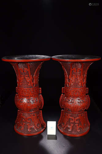 QIANLONG MARK RED LACQUER FLOWER VASES