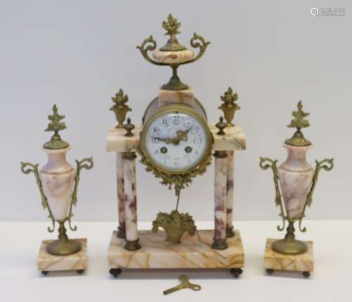 Antique Bronze And Marble Clock Garniture Set.