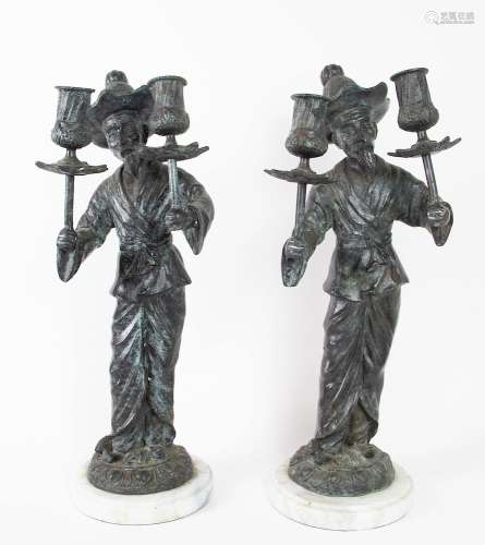 Pair of Bronze Chinoiserie Mandarin-Form Candle