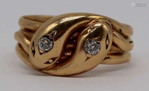 JEWELRY. English 18ct Gold Double Snake Ring.