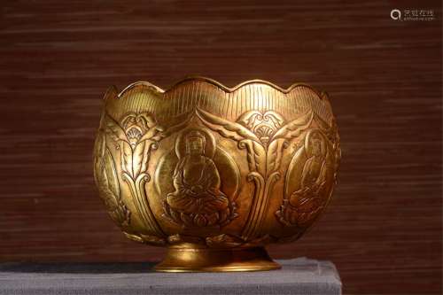 Chinese Gilt Bronze Bowl w Lotus Design