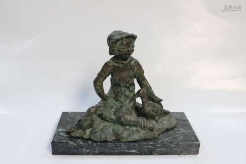 Seated Bronze Boy w Bird