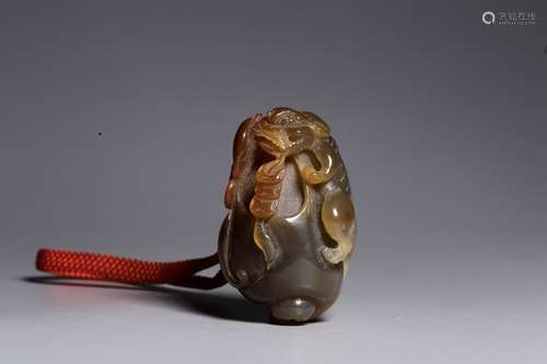 Qing Chinese Agate Carved Bats& Chilong